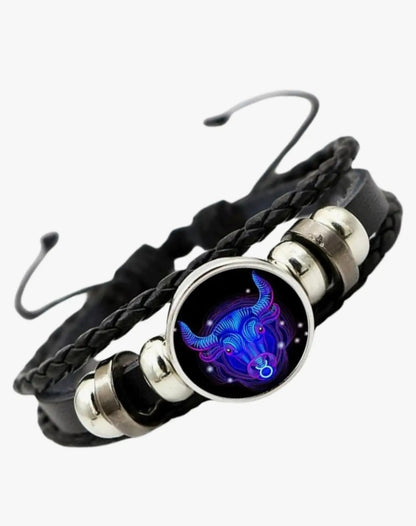 Zodiac Constellation Braided Design Black Leather Bracelet Adjustable